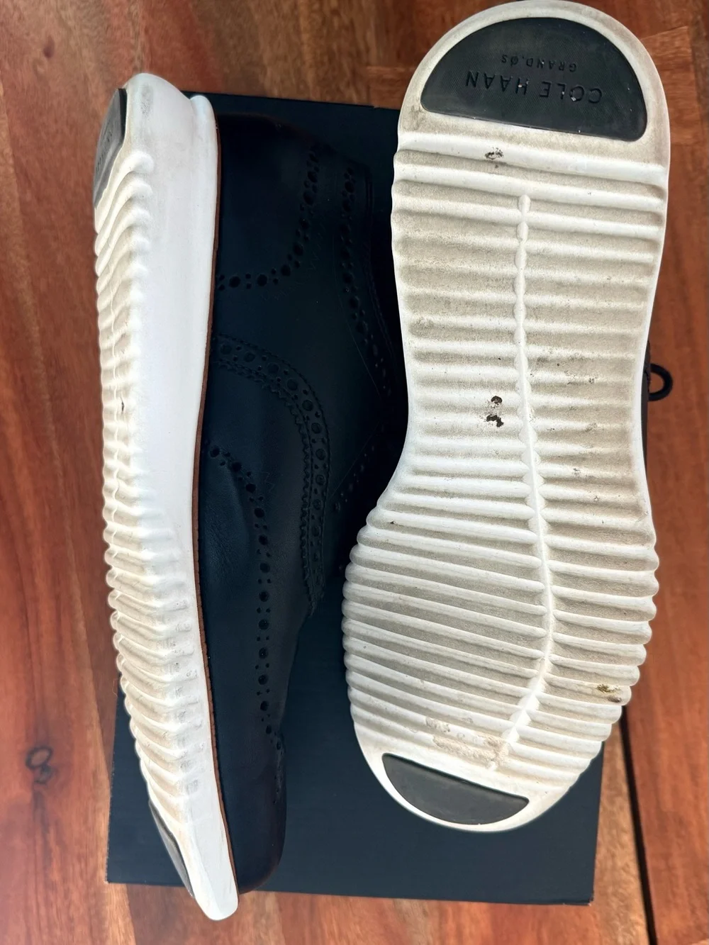 Cole Haan Black Leather Wingtip Oxfords with White Sole